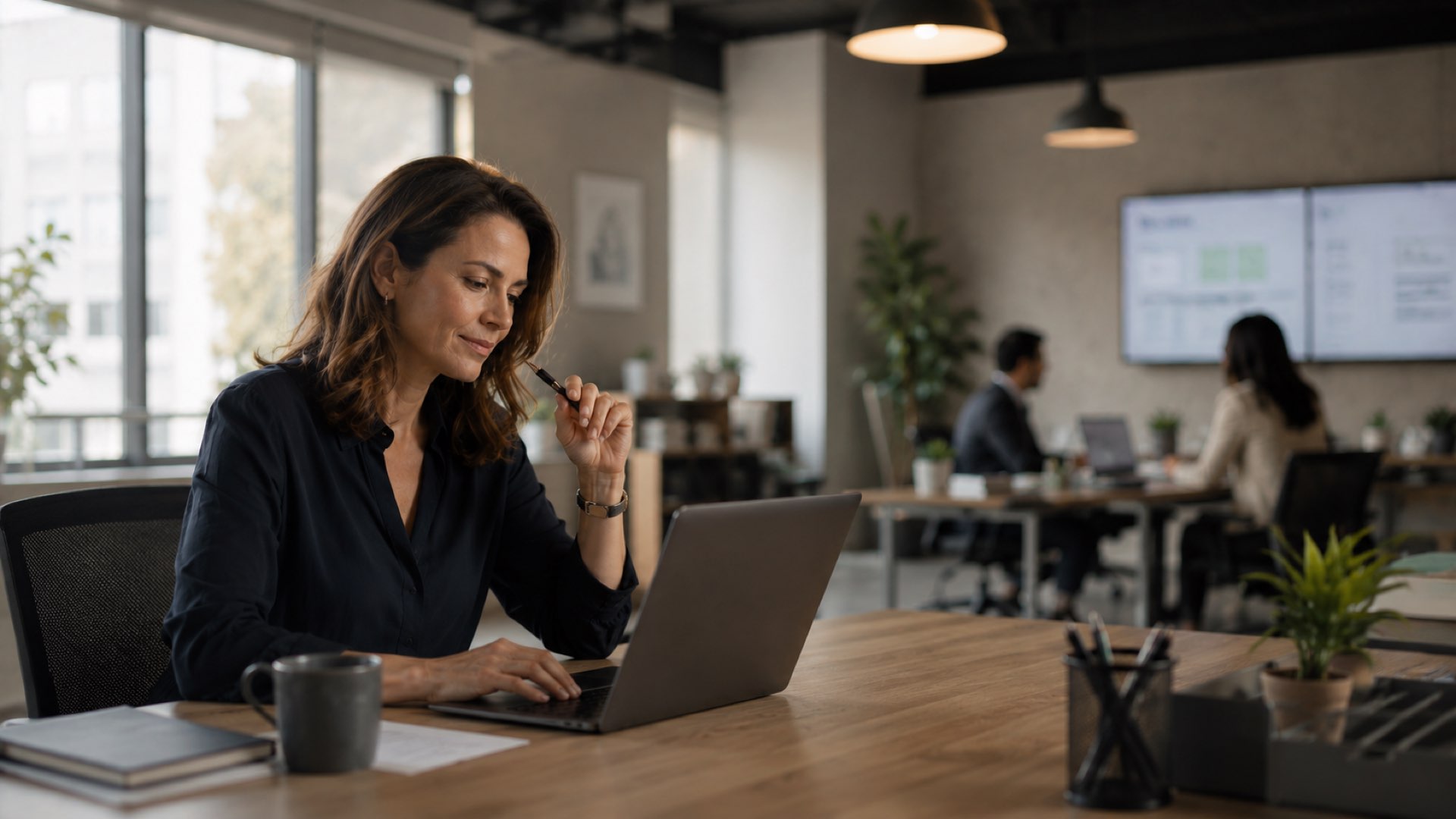 A marketing leader pausing over a live decision — pen in hand, reviewing on screen